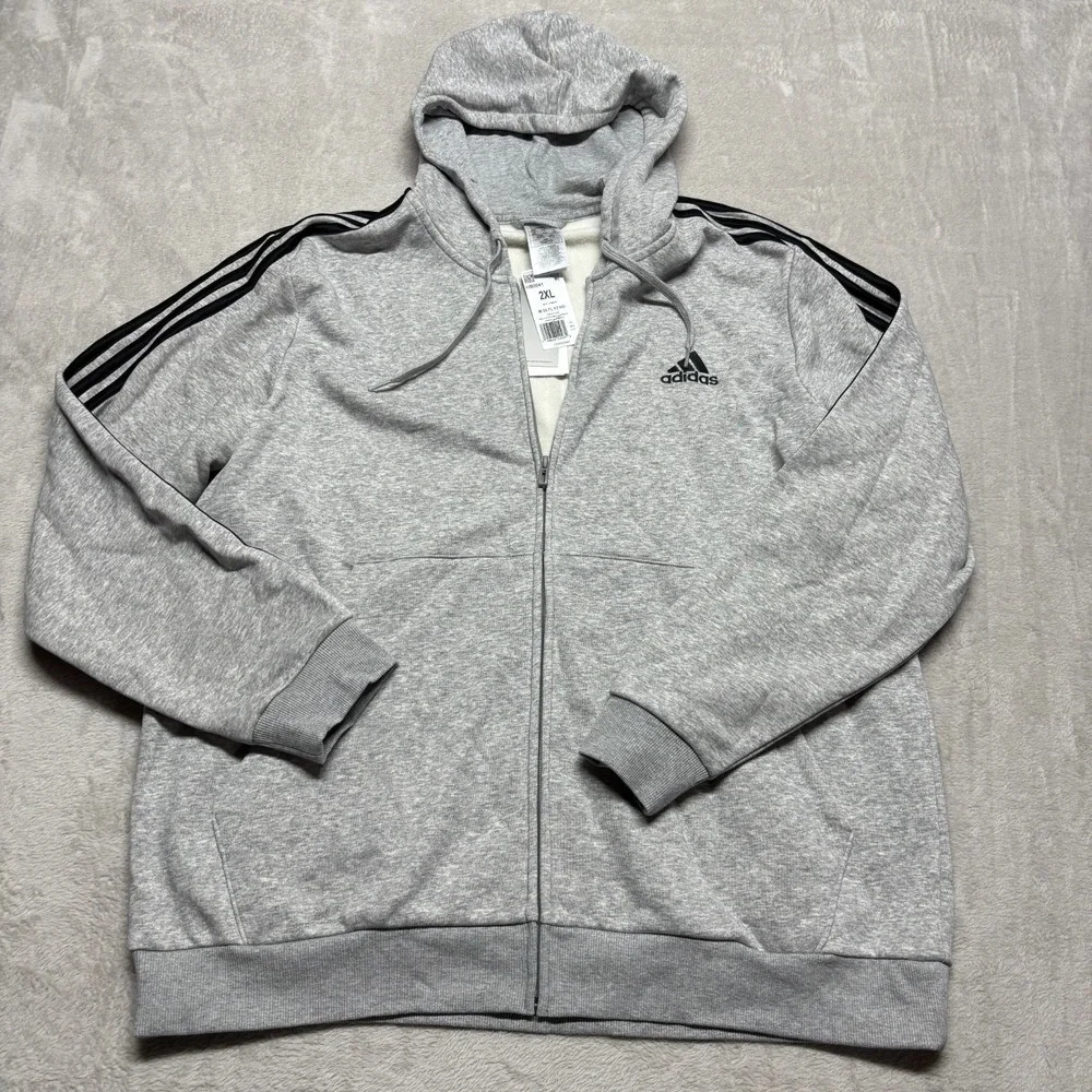 Adidas Sweater Mens 2XL Full Zip Sweater Hoodie Sweatshirt Gray Black Stripe NWT